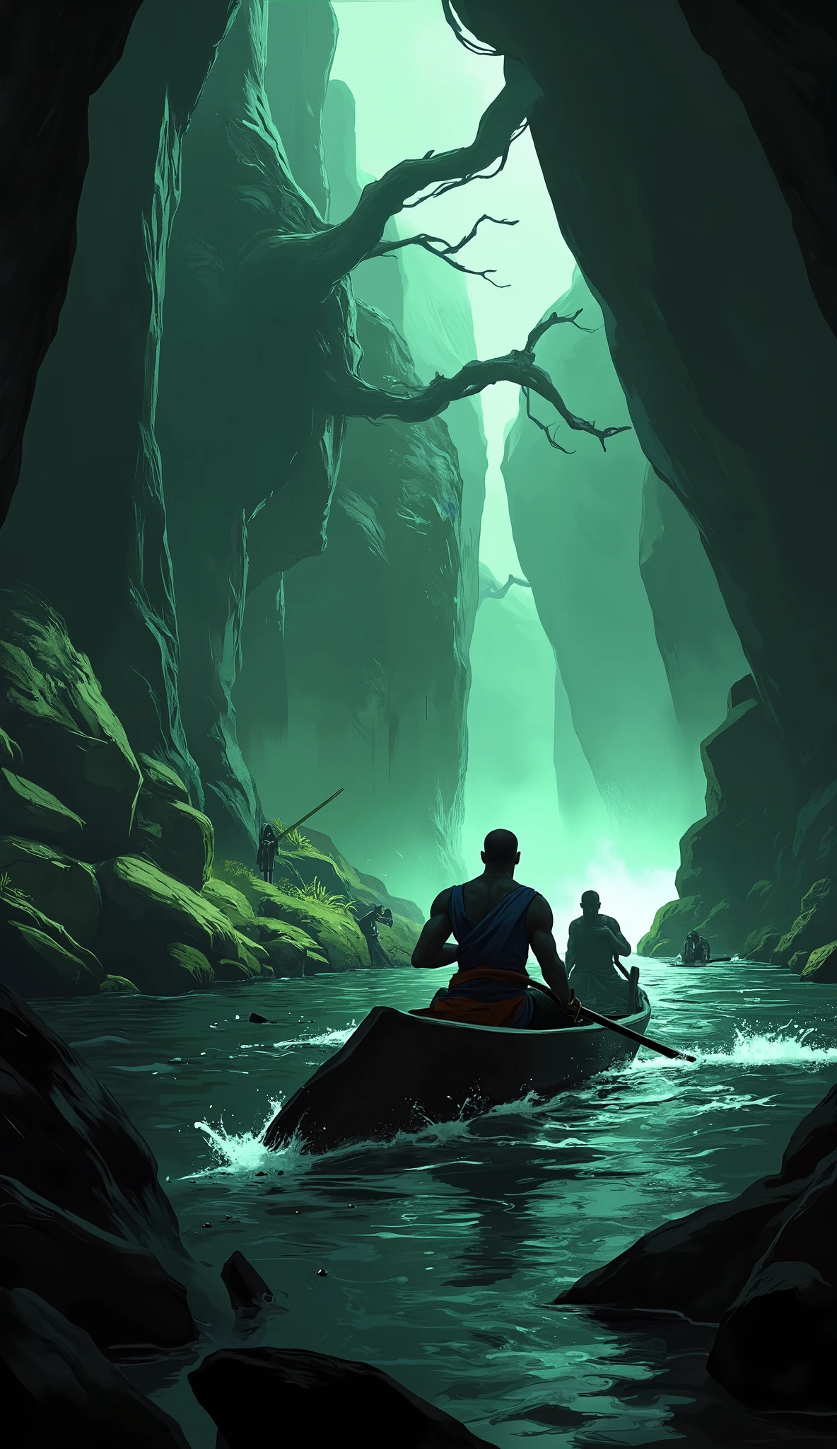 rowing sport, greek ancient style, stynx, hades, ancient river, dark auro, green color,