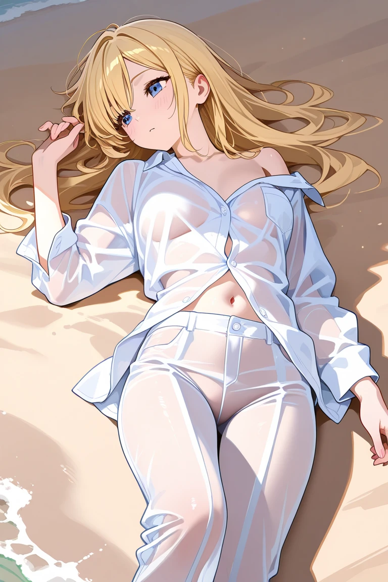 Ayaka,((golden hair)), fox ears,beautiful face,smiling, moderate breast,laying on a bed,wearing white sleepwear, (open mouth:0.4),illustration,detailed textures,ultra-detailed(realistic),portrait style,vivid colors,soft lighting. sweaty,  full body, wet clothes 