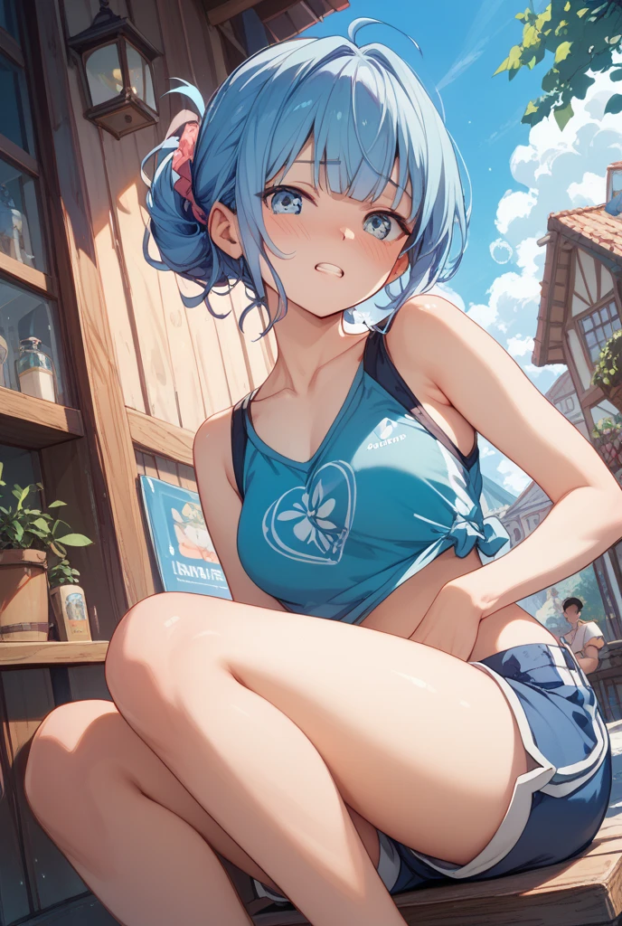 (NSFW:1.2), (8K, Raw photography, Top image quality, tmasterpiece: 1.4), ultra highly detailed, (realisitic, photoreallistic: 1.48), 1girl in, Solo Focus, type moon style, Kyoto Animation Style, short-length hair, (blue hairs:1.7), Blunt bangs, Hair Between Eyes, Clear eyes, side locks, White hair, Shiny hair, beautiful detailed cold face, Seductive smile, angry, complex details beautiful and delicate eyes, bare_shoulders, Small_Breasts, Gray eyes, White skin, Hair Ornament, (((T-shirt))), swim ring, swimsuit, beautiful bare back, Sandals, Skindentation, 鎖骨, bare_Legs, beach, Beautiful detailed sky, White sand, tree, very precise details, absurdist, Extremely detailed, 16k wallpaper,remrezero