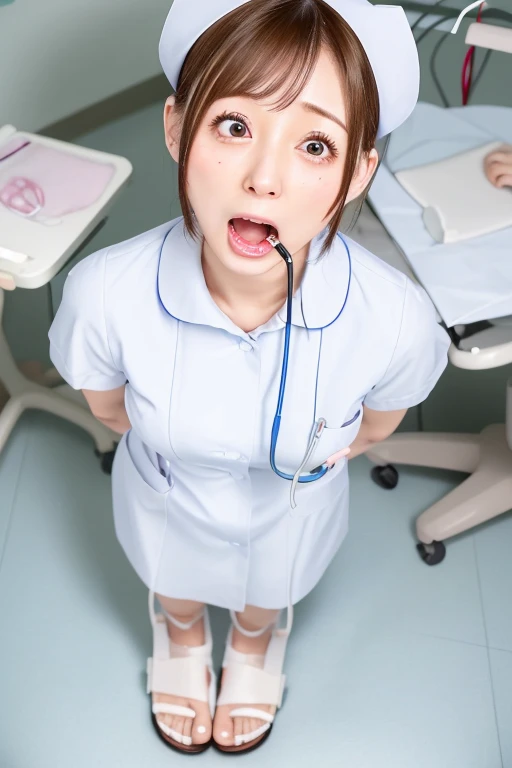 A nurse strokes the glans of the penis。open the ejaculation mouth wide。A large amount of white fluid from the tip of the penis。firing。Before sucking penis。Ejaculate a large amount of white liquid towards the mouth。A large amount of white fluid overflows from the mouth。Staring at me with a sad expression。white fluid on lips。looking down from above。first person perspective。nurse uniform。beautiful girl。Inside the hospital。sitting on the seat。transformation。Hold your penis carefully。clever use of tongue。A look of patience with eyes closed。close up of face。I can&#39;t help but want to lick the dick。Very slouched posture。has ear piercings。upward glance。