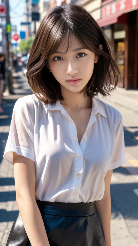 ((Best quality, 8k, Masterpiece: 1.3, raw photo)), Sharp focus: 1.2, (1 AESPA girl: 1.1), (realistic, photo-realistic:1.37), face focus, cute face, small breasts, flat chest, brunette short messy hair, standing, wet white shirt, skirt, cafe, rain, sunlight, cinematic lighting