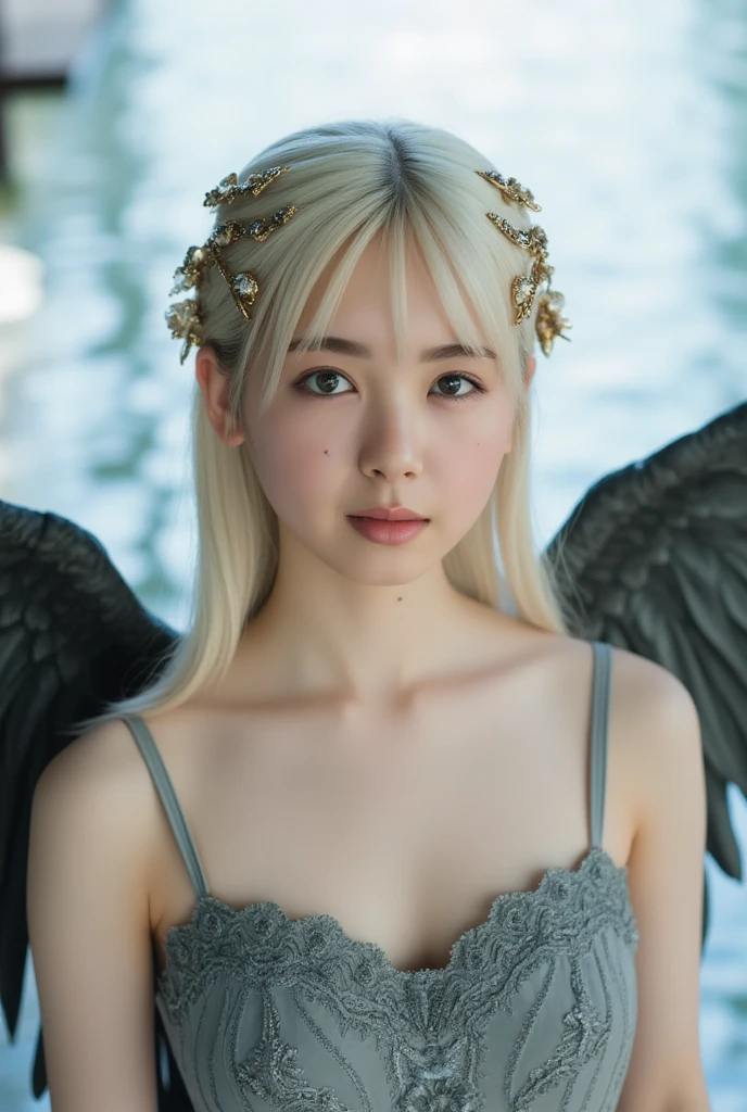 spelling the magic, wearing black something like cosplay outfit, impossible fantasy scene, have the black wings on back, flying over the sea, holding a mage big axs, big red horn like an devil on the head, emitting big fire storm from hand, all around area is burned, detailed face, long white hair, long white hair, wearinggorgeous hair ornament, hair is shaggy and dishevelled by the wind, beautiful white-colored translucent skin, medium build a little bit chubbily figure, skiny chest , the veins on the chest are faintly visible, heavy-makeup, small nose, smooth shaped jawline, glossy face, flushed cheeks, a little sweating, detailed eyes, wrinkle eyebrows, detailed lips, fearless smiling, beautiful long eyelashes, photorealistic, highly detailed, 8k, best quality, masterpiece, vibrant colors, dramatic lighting, cinematic composition, digital art
