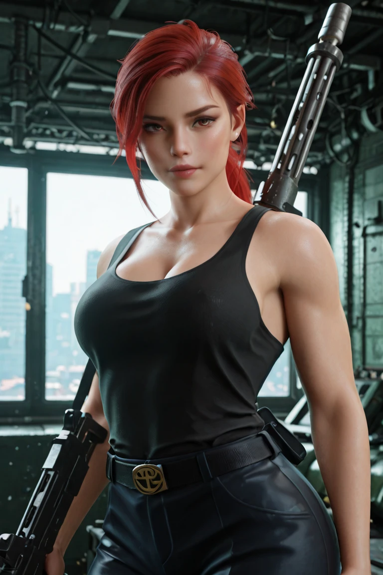 The body shrinks from head down,Background war,realisticlying,8K,Firearms in hand,The expression is coquettish,Different actions,Background bokeh,smog,Bright red hair,Bright light on the face,Lips slightly open,Leather Vest