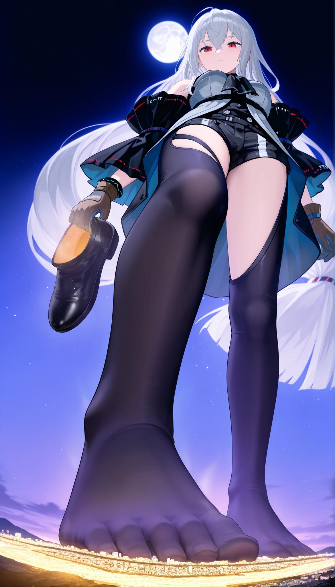 score_9_up, score_8_up, score_7_up,skadi_arknights, black shirt, black ascot, detached sleeves, gloves,Stomp,Rub Your Feet,Scattering Cities, black pants, thigh cutout, (giantess:1.4), microcity, (no shoes:1.3), standing, Let viewers smell their feet, (are not wearing shoes:1.4), Trampling, 1girl, solo,, short shorts best qualitymasterpiece, collapsed city, Outdoors, Night Sky, moon, night, (from below), masterpiece, best quality, masterpiece, best quality