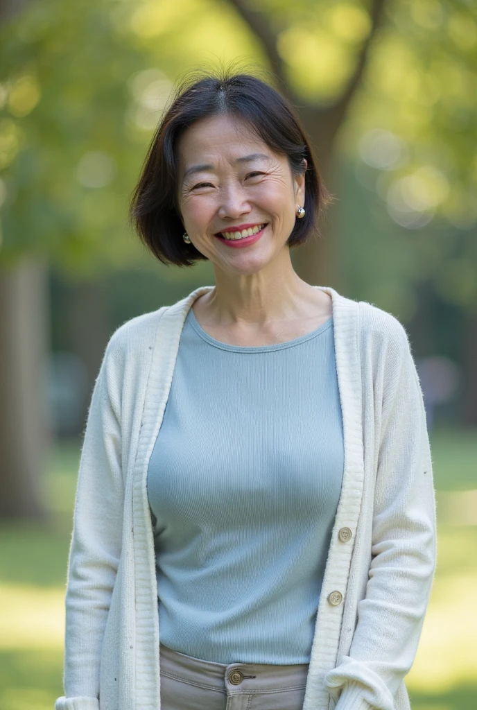 8k wallpaper, masterpiece, best quality, Very detailed, A mature woman, 50 years old, Become very clear, Wearing a short-sleeved shirt, Skin Dimples, Charming smile, Looking at the audience, , full, Curvy beauty, Charming face, Smile with teeth bared, wrinkles around the eyes, Sitting on a park bench, Background blur
