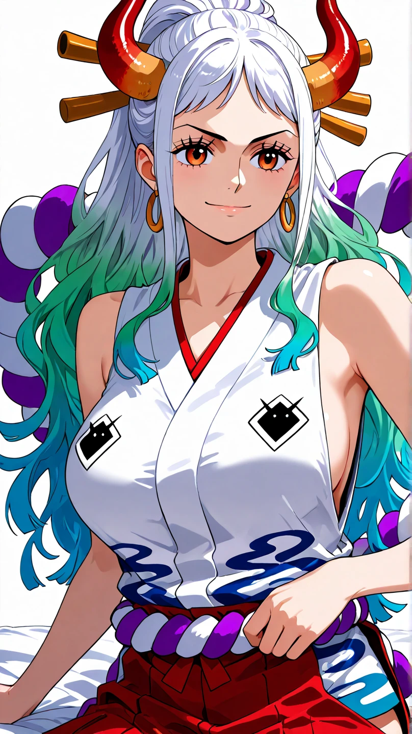 1 woman, skirts, (show off g-string detailed pantie), (hands skirt lift), from front, cowboy shot, BREAK annoyed,shoot from below,score_9,score_8_superior,score_7_superior,score_6_superior, Yamato \(one piece\), One girl, alone, kimono, Multicolored Hair, jewelry, Earrings, No sleeve kimono, hair ornaments, kimono, Wrapping angle, Long Hair, They are, superiorper body, smile, rope, chest, Hairpin, No sleeve, shimenawa, White Background, Mouth closed, hoop Earrings, Bare shoulders, Simple Background, ponytail