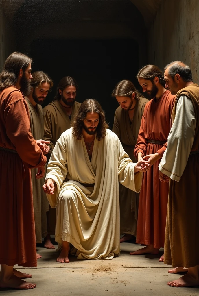 modelshoot style, (extremely detailed CG 8k wallpaper), full body photo, three apostles of Christ speaking, with poor and torn white robe, bare feet