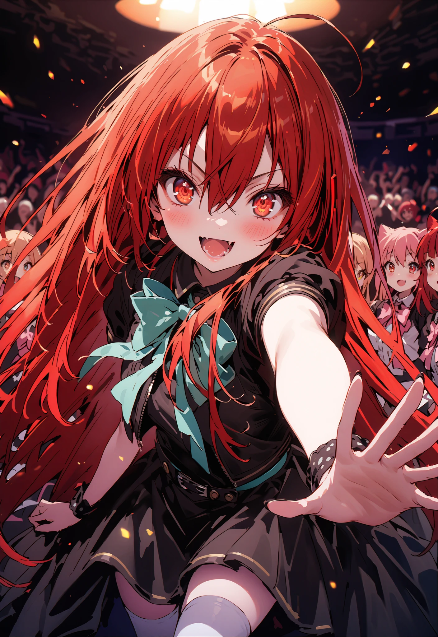 score_9, score_8_up, score_7_up, source_anime,,Shana , very long hair, red hair, red eyes, stupid hair,small, small ,smile,blush,open your mouth,idol costume,dress,collared dress,jacket,cropped jacket,Short sleeve,bowtie,bow,button,villages with,(white knee-highs:1.2),boots,アイドル歌手がライブ ステージで熱狂的に歌うシーンillustration,the idol singer stands in the center of the stage, idol singers sing with microphones , idol singers are serious and impressive ,The singer&#39;s voice is strong and beautiful. ,  fans gather around the stage ,   fans sing and dance with idol singers Idol singers who do things  ,The Big Picture, Various colored lights ,,break looking at viewer,full body,
breakindoors,Concert Hall,
break (masterpiece:1.2), best quality, high resolution, Unity 8Kの壁紙, ( illustration :0.8), (beautiful detailed eyes:1.6), Highly Detailed Face, perfect lighting, Highly Detailed CG, (perfect hand in h, perfect anatomy),