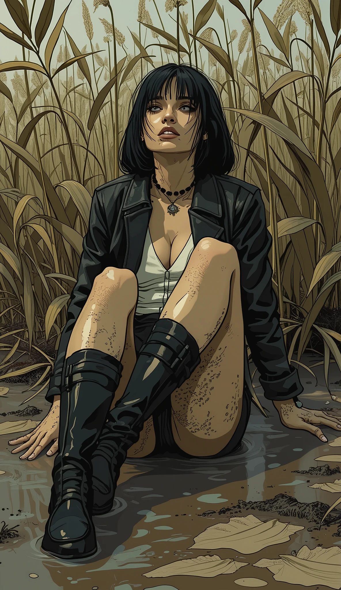 old woman, torture gloomy orgasm, drowning in the middle of quicksand bog, night sky, pencil mini-skirt, rubber pantyhose, biker rubber wetlook jacket, red lips, green, blue, belts, gloves