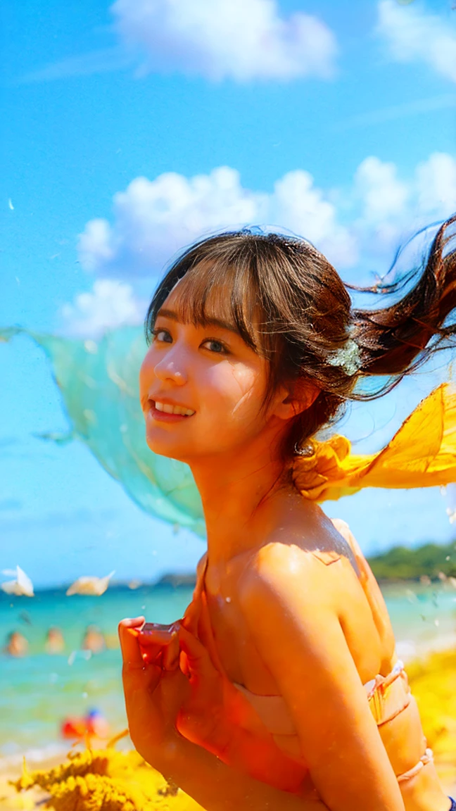 (masterpiece), (Highest quality), (Very detailed),(Disheveled Hair),(shape), (One Girl), (Summer clothes), Are standing, Fashion Model, View your audience, (interview), (Beach),Beautiful details, Delicate and beautiful face, floating,(High saturation),(Colorful splashes),Colorful bubbles,(The Shining), Focus on the face,  Hair Ring, Floating Flowers, Floating Hair, (The Shining), Best lighting, Best Shadow,