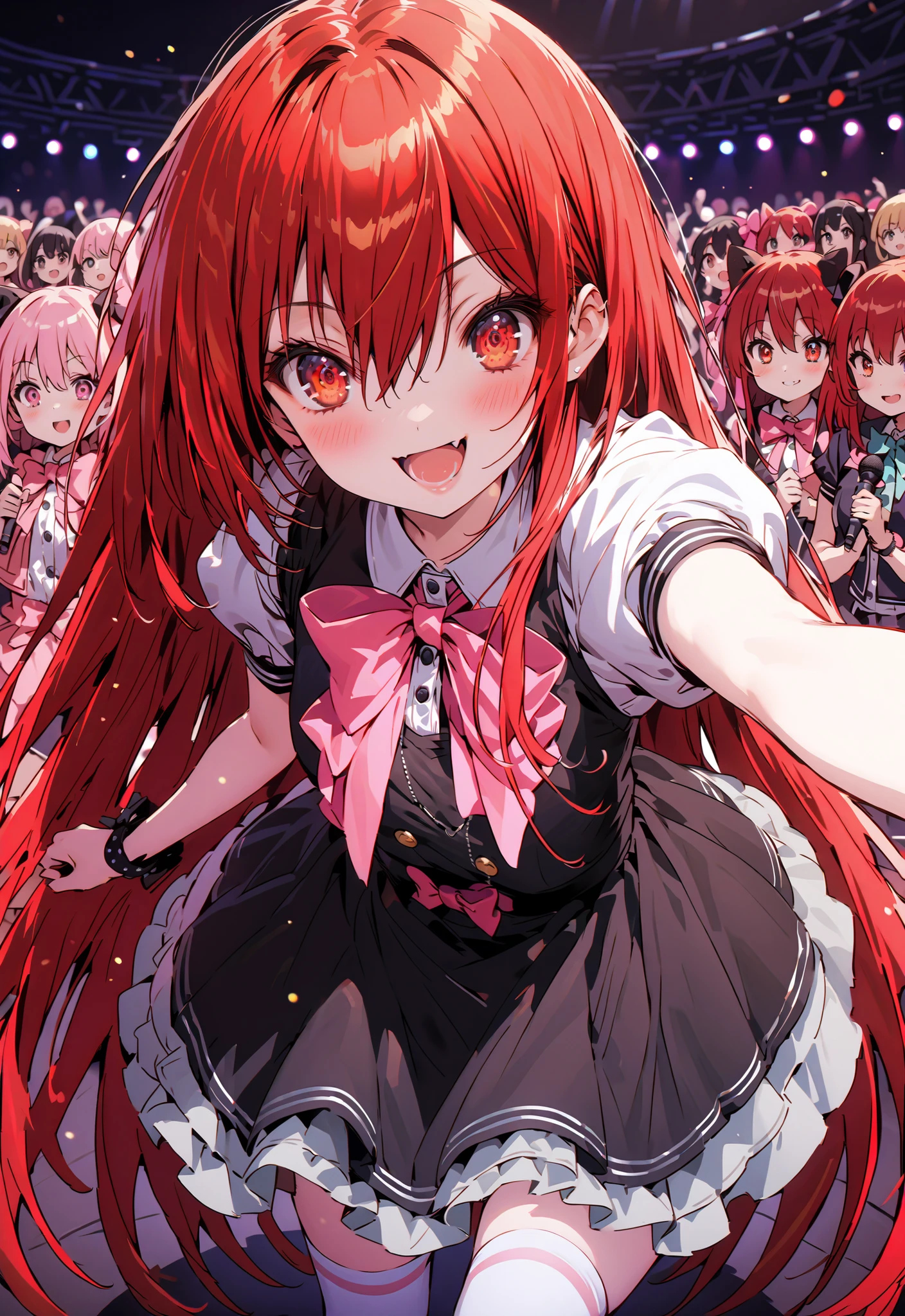 score_9, score_8_up, score_7_up, source_anime,,Shana , very long hair, red hair, red eyes, stupid hair,small, small ,smile,blush,open your mouth,idol costume,dress,collared dress,jacket,cropped jacket,Short sleeve,bowtie,bow,button,villages with,(white knee-highs:1.2),boots,アイドル歌手がライブ ステージで熱狂的に歌うシーンillustration,the idol singer stands in the center of the stage, idol singers sing with microphones , idol singers are serious and impressive ,The singer's voice is strong and beautiful. , fans gather around the stage , fans sing and dance with idol singers Idol singers who do things ,The Big Picture, Various colored lights ,,break looking at viewer,full body,
breakindoors,Concert Hall,
break (masterpiece:1.2), best quality, high resolution, Unity 8Kの壁紙, ( illustration :0.8), (beautiful detailed eyes:1.6), Highly Detailed Face, perfect lighting, Highly Detailed CG, (perfect hand in h, perfect anatomy),
