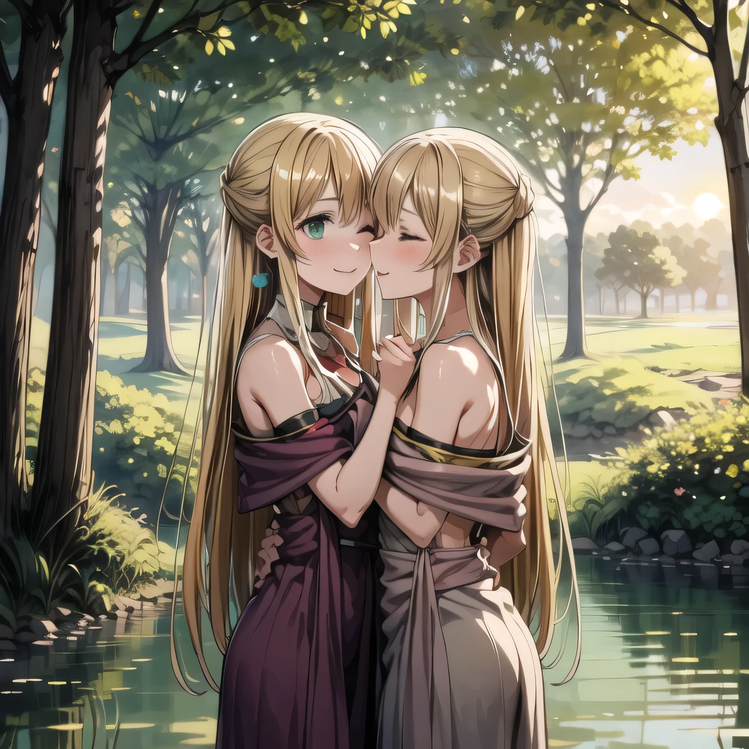 blonde very long hair, red eyes, wearing a sexy pink dress, ultrasharp, looking at the viewer, ((best quality)), ((masterpiece)), (detailed), perfect face, big breast, sexy body, sexy woman besides her, hugged, An anime scene of two girls hugging and kissing intensely, with hearts and sparkles floating around them as they stand under the cherry blossoms in a dreamy park