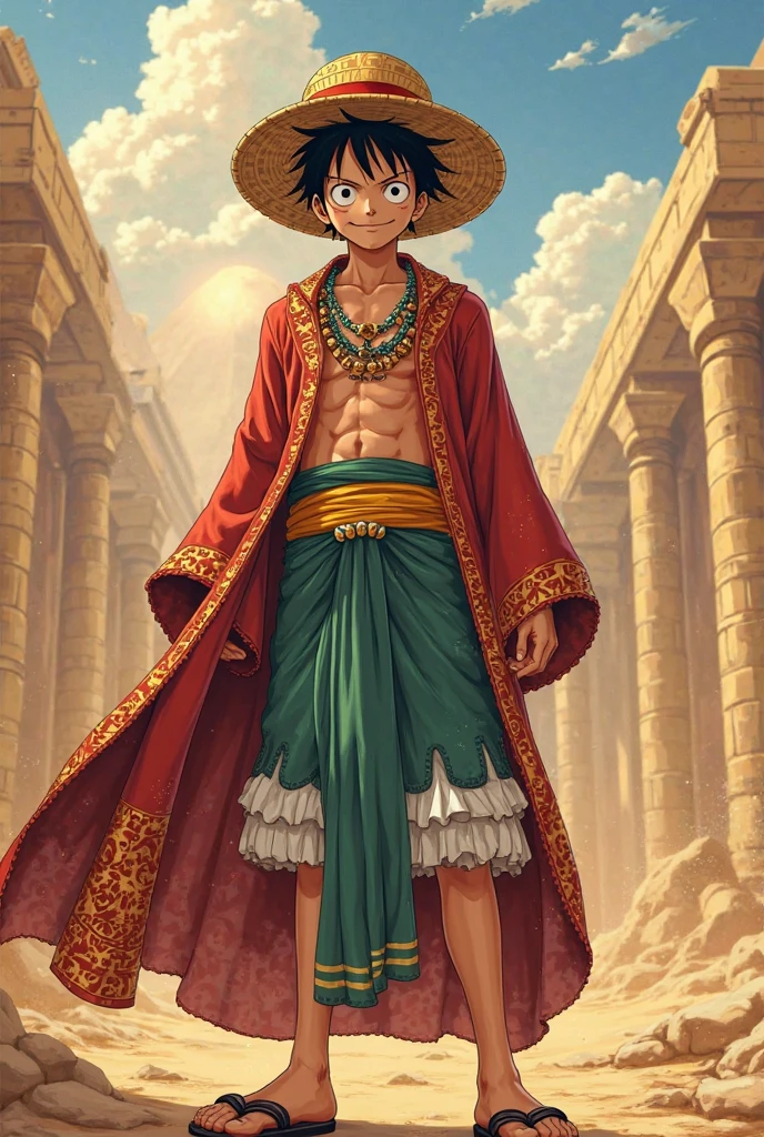


**“Create an image of Luffy from *One Piece* dressed in traditional Afghan attire, holding a small Afghan flag. The background should include elements of Afghan culture and landscapes. Luffy should be depicted with his characteristic straw hat and cheerful expression, blending his iconic look with the traditional Afghan setting.”**