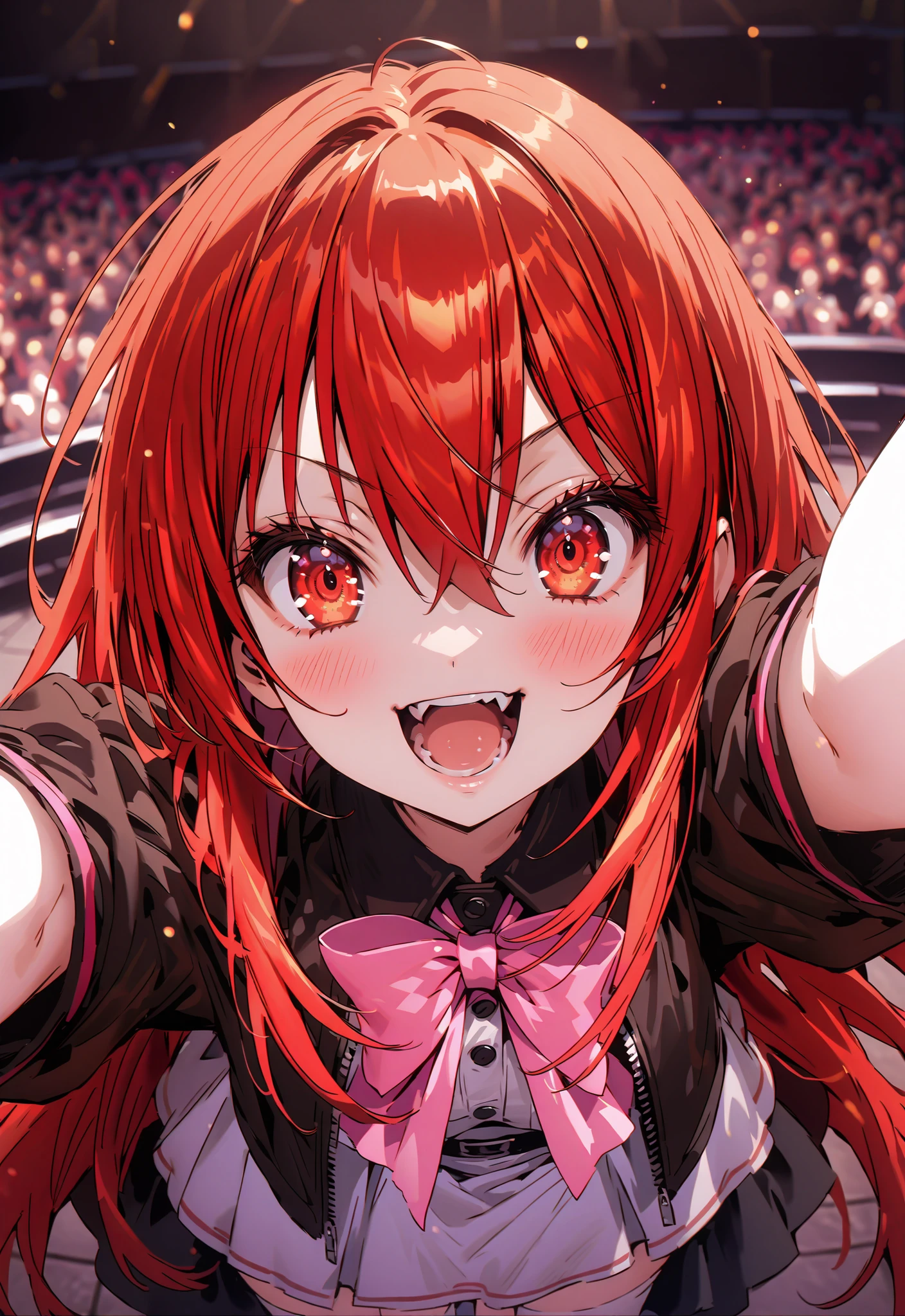 score_9, score_8_up, score_7_up, source_anime,,Shana ,solo, very long hair, red hair, red eyes, stupid hair,small, small ,smile,blush,open your mouth,idol costume,dress,collared dress,jacket,cropped jacket,Short sleeve,bowtie,bow,button,villages with,(white knee-highs:1.2),boots,アイドル歌手がライブ ステージで熱狂的に歌うシーンillustration,the idol singer stands in the center of the stage, idol singers sing with microphones , idol singers are serious and impressive ,The singer's voice is strong and beautiful. , fans gather around the stage , fans sing and dance with idol singers Idol singers who do things ,The Big Picture, Various colored lights ,,break looking at viewer,full body,
breakindoors,Concert Hall,
break (masterpiece:1.2), best quality, high resolution, Unity 8Kの壁紙, ( illustration :0.8), (beautiful detailed eyes:1.6), Highly Detailed Face, perfect lighting, Highly Detailed CG, (perfect hand in h, perfect anatomy),