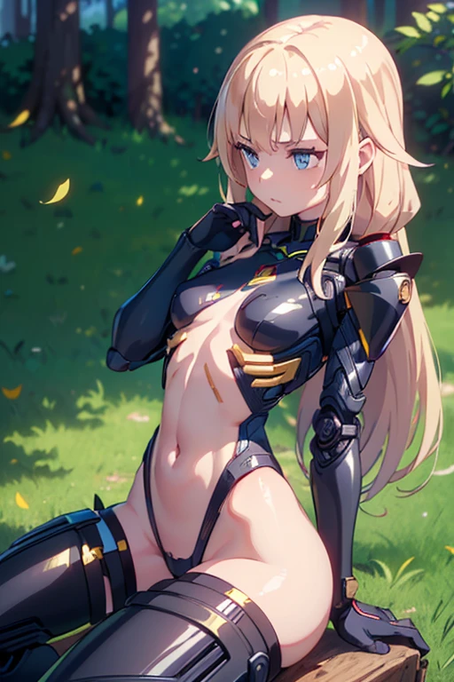 (masterpiece:1.2), (highest quality:1.2), perfect eyes, perfect face, perfect lighting, sunlight, outdoor, desert, 1 girl, blonde, yellow-green eyes, one eye closed, (((wavy hair))), blunt bangs, bun_head, medium hair, ((((white bikini armor)))), cute eyes, closed mouth, ((from above)), ((front)), arms behind head , ((spread legs)), ((grin)), spoken heart, nipple, abs