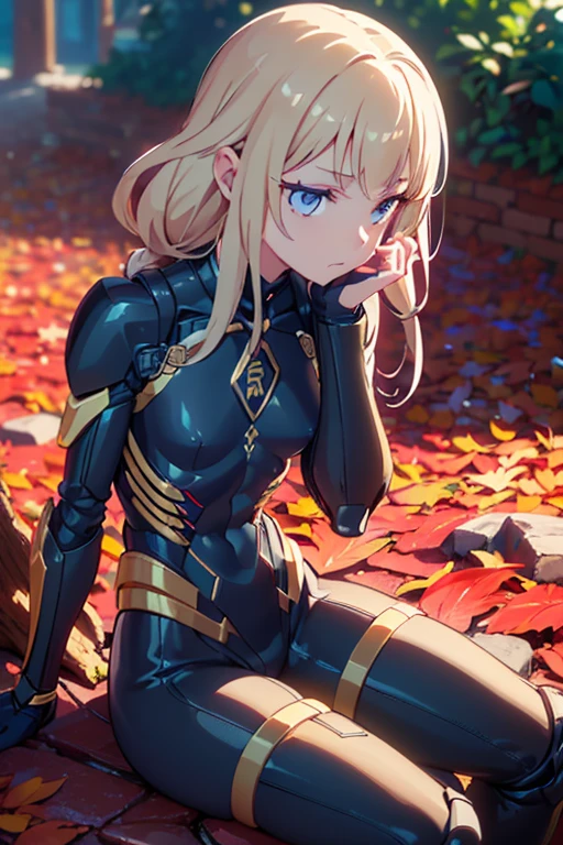 Age 30 years woman, Long blonde hair with pin doll hair, covering one eye, wearing a black red bodysuit, red eyes, sad eyes, sitting on a green meadow, view of the high tower under the hill, sad, high heels, best quality, masterpiece
