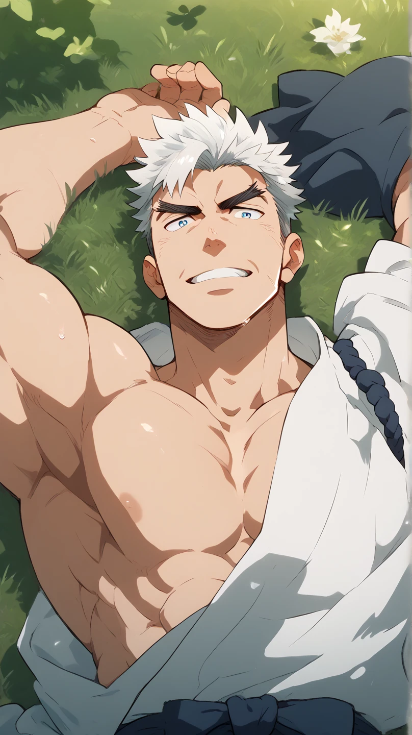 shrine、White Hair、Green Hair、Gradient Hair(Obscene body)、Sweat、(His hands and feet were tied with rope)、Spread your legs、sit、Showing off your armpits、blush、Angry face、Open your mouth、pubic hair、A tight, muscular body、Big Tits、Big Ass、tall