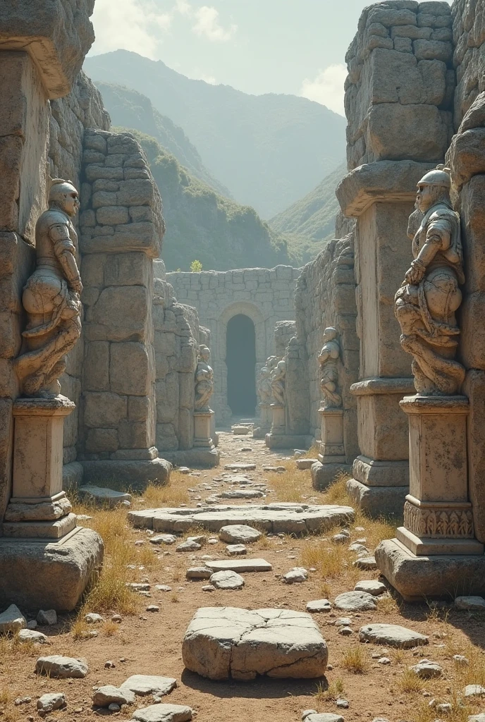 The cave walls are decorated with statues and intricately carved images of gods., Their divine faces shimmer subtly in the filtered light. Nestled in a cave