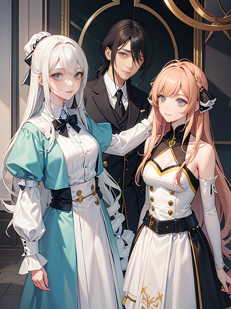 Luxury and high class aristocratic mansion,Royal atmosphere,lots of expensive furniture,A gentle light is shining in,fluffy hair,Twin-tailed,drills twintails,fluffy and voluminous hair,Silver, Light brown, pink and black,Her chest is wide open and you can see her cleavage.,Luxury maid outfits like royalty,Maid headdress,Luxurious earrings,Two maids are standing with a gentleman between them..,rub your chest against a gentleman's face,AHE Face,Slight red tide,embarrassing smile,SEX,ecstacy,