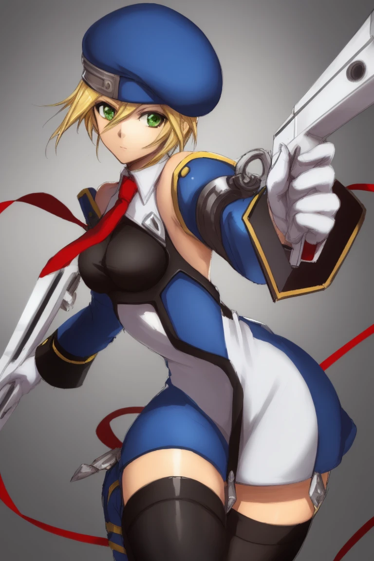 (masterpiece, best quality, highres, absurdres, ultra-detailed:1.2), ((1girl, solo, noel vermillion, beret, blone hair, green eyes, short dress, detached sleeves, necktie, short hair, leather thighhighs, cowboy shot, full body)), (holding, weapon, handgun, trigger discipline)<lora:noel vermillion (calamity trigger):0.6>, <lyco:ArsenalLoHa-v1.0:0.4>, <lora:add_detail_v1:0.9>