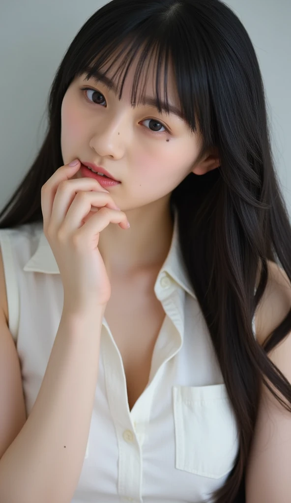 (High resolution:1.3), (16k, Photorealistic, Raw photo, Best image quality: 1.4), Japanese, (One Girl), Beautiful Face, (A vivid face), (Black-haired、Hair ties:1.3、bangs:1.2), (Black Eyes 1.3), Beautiful Hairstyles, Realistic eyes, Beautifully detailed eyes, (Realistic Skin), Beautiful skins, attractive, 超A high resolution, Surreal, High detail, Golden Ratio, Highly detailed cute girl,(20-year-old)