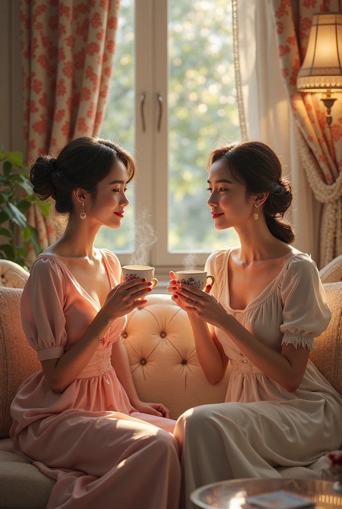 A in the house of two ladies with makeup drinking tea from cups at a small table in a somewhat dark house