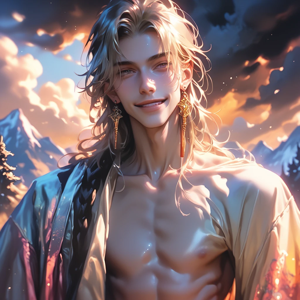 realistic:1.49, (masterpiece),(intricate details),1boy,mature male,Messy bun with loose tendrils,,pale skin,large breasts:1.49
BREAK 
<lora:Rengoku_Kyoujurou_v1:0.9>,rengoku kyoujurou, 1boy, blonde hair, thick eyebrows, smile, demon slayer uniform, white cape, flame print, black jacket, belt, black pants, feet out of frame, forest, nature, river, sword, weapon, sheath
BREAK
moon,night,meteor,hanabi,((cumulonimbus)),((sit on the Spa resort: Massage, hot springs, relaxation, rejuvenation, luxury)),((full body)),
from below:1.3,depth of field,looking at viewer,