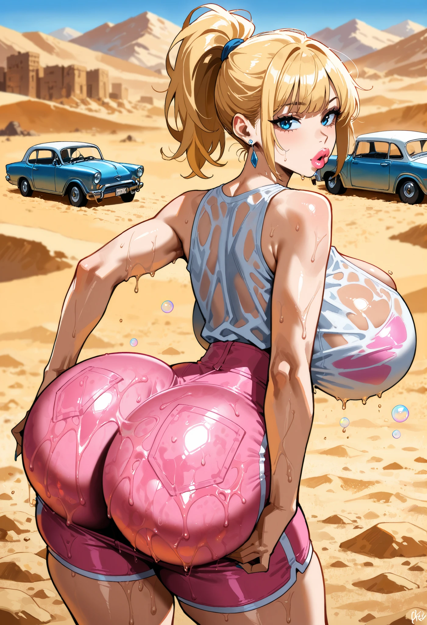 masterpiece, best quality, hyper realism, looking the ass sexy lips korean slum style student wearing pink tight shorts, tight wet top, extreme cleavage, legs tight, long blonde hair, in the desert, next to a classic american car,, huge wet breasts, extremely busty, giant fake breasts and heavy ,view from behind, pushing her ass back, extremely curvy, ponytail haircut, high waist, small waist, hyper realism, sexy lips, ((bubble butt)), but her pants come down