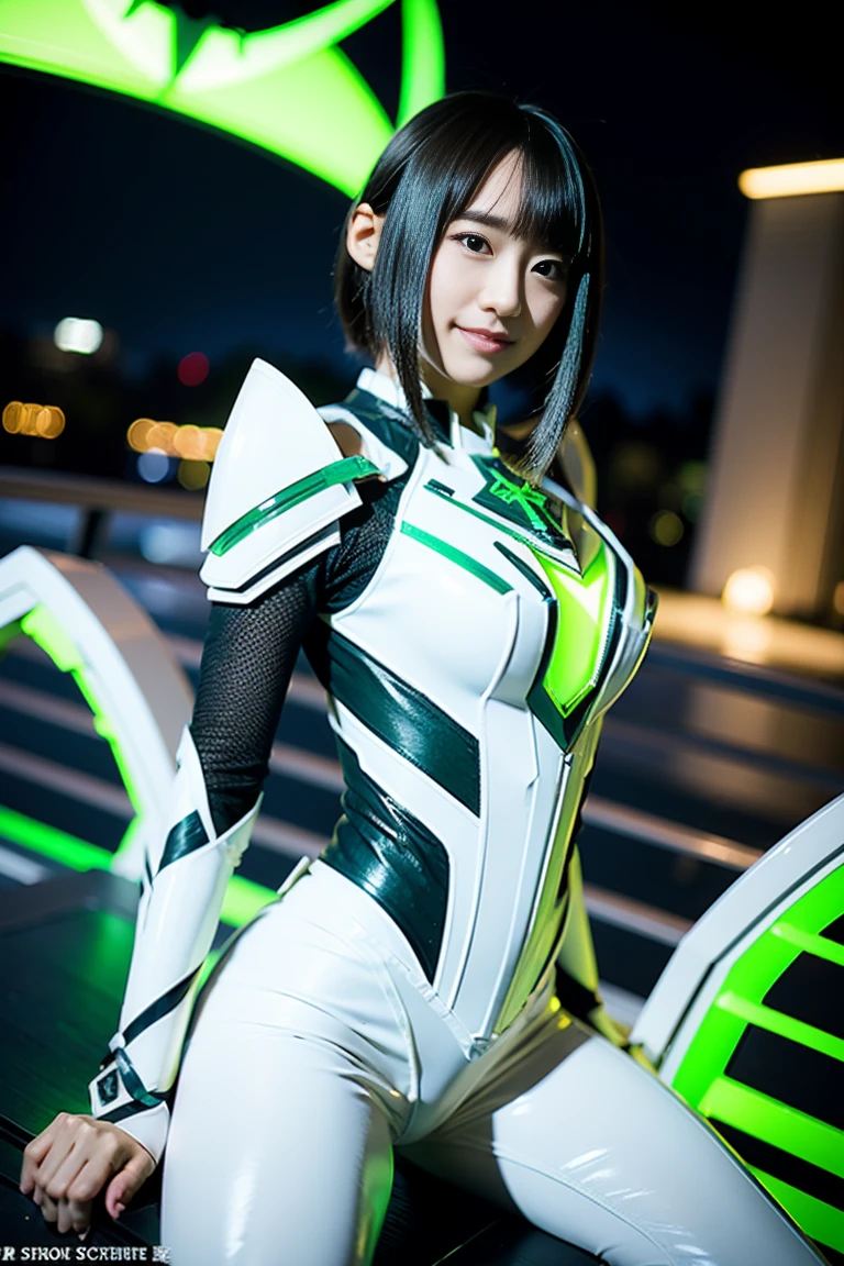 an android bunny with machine body and a beautiful cute Japanese young wonan, android with colored silver green hair, machine robot body, samba dancer pose, smiling, legs, heels, body, metallic detailed, white and silver costume, cyborg laboratory, photograph, morning sunshine, artwork