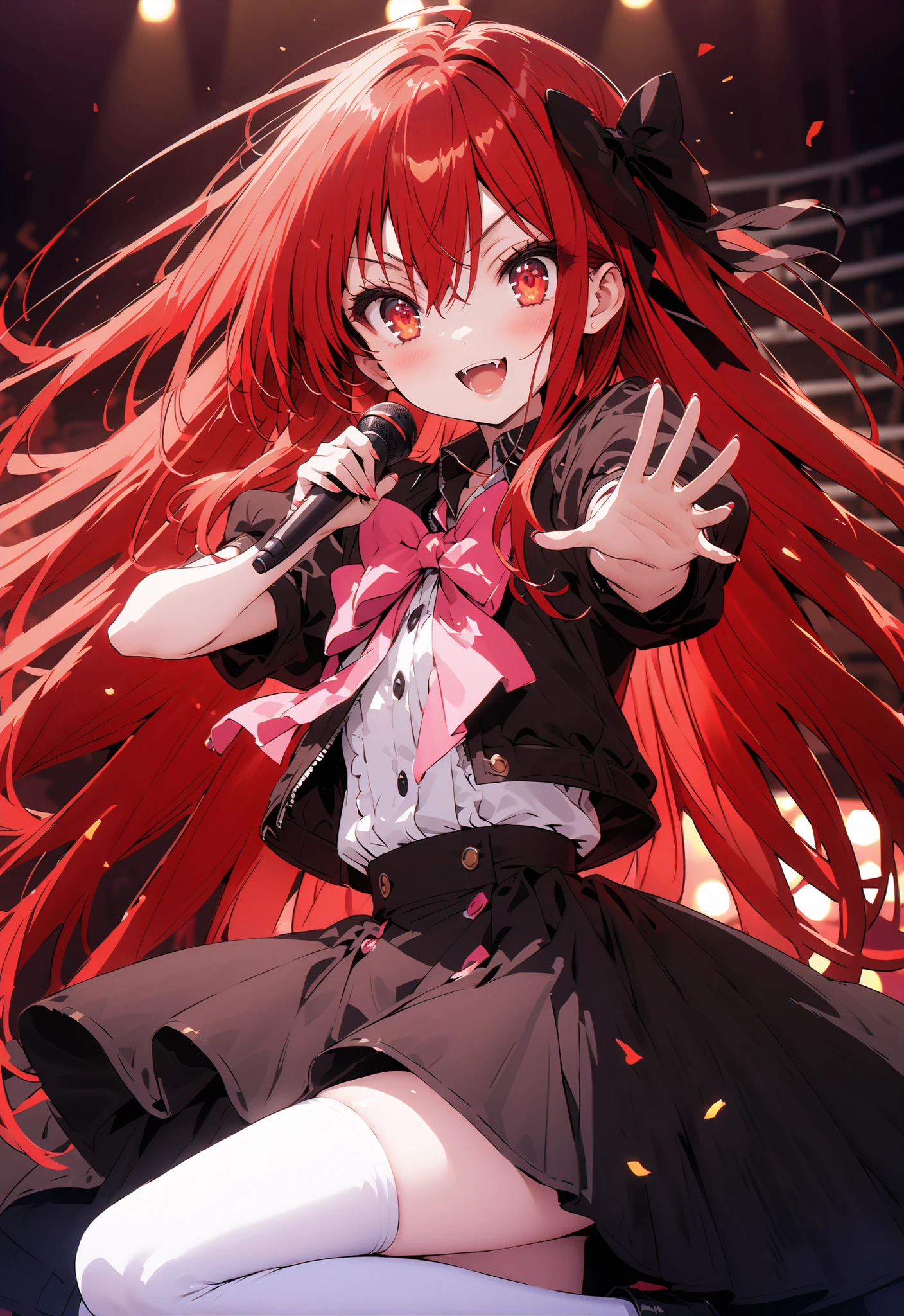 score_9, score_8_up, score_7_up, source_anime,,Shana ,solo, very long hair, red hair, red eyes, stupid hair,small, small ,smile,blush,open your mouth,idol costume,dress,collared dress,jacket,cropped jacket,Short sleeve,bowtie,bow,button,villages with,(white knee-highs:1.2),boots,アイドル歌手がライブ ステージで熱狂的に歌うシーンillustration,the idol singer stands in the center of the stage, idol singers sing with microphones , idol singers are serious and impressive ,The singer&#39;s voice is strong and beautiful. ,  fans gather around the stage ,   fans sing and dance with idol singers Idol singers who do things  ,The Big Picture, Various colored lights ,,break looking at viewer,full body,
breakindoors,Concert Hall,
break (masterpiece:1.2), best quality, high resolution, Unity 8Kの壁紙, ( illustration :0.8), (beautiful detailed eyes:1.6), Highly Detailed Face, perfect lighting, Highly Detailed CG, (perfect hand in h, perfect anatomy),