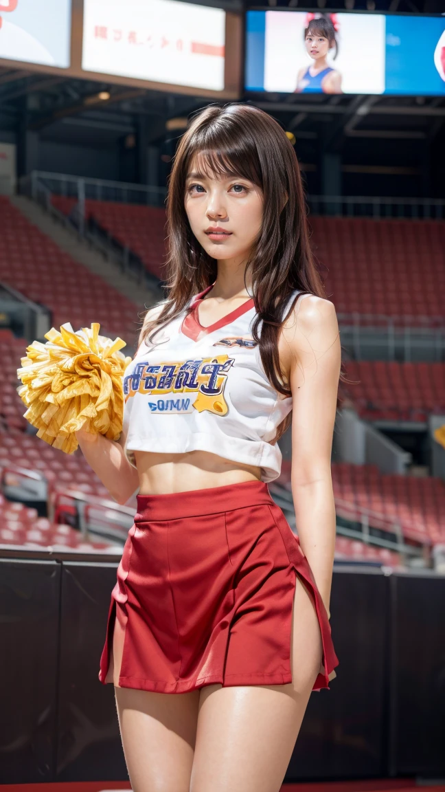 (solo), (a detailed full body RAW photo of a girl), (masterpiece:1.0), (best quality:1.4), (ultra highres:1.2), (photorealistic:1.4), 8k resolution, Canon EOS R5, 50mm, absurdres, ultra detailed, (18yo), sharp focus, cinematic lighting, detailed beautiful face, (no make up:1.2), (ulzzang-6500-v1.1), petite figure, detailed skin texture, suntan skin, flat chest, (skinny and fit body:1.6), thigh gap, detailed brown hair,  sweltering,(very short hair:1.5), realistic glistening skin, (sweating), nfsw, heavy breathing, (small titts, cameltoe, erect nipples), (Cheerleader costume:1.5), (japanese cheerleader), well-developed abdominal, blue sky, bikini tan, (dark sun tan), (flat chest:1.5),  dynamic pose,  (flom below), dynamic pose,