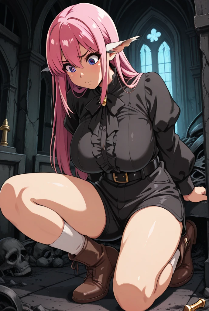 score_9, score_8_up, score_7_up, score_6_up, score_5_up, score_4_up, source_anime, 1girl, virgo (Fairy tail), pink hair, bed, sit, white gloves, blue eyes, belt, black uniform, cleavage cutout, black thigh boots,w-w-chains, shackles, dungeon, best quality, best res, 4K UHD,
 