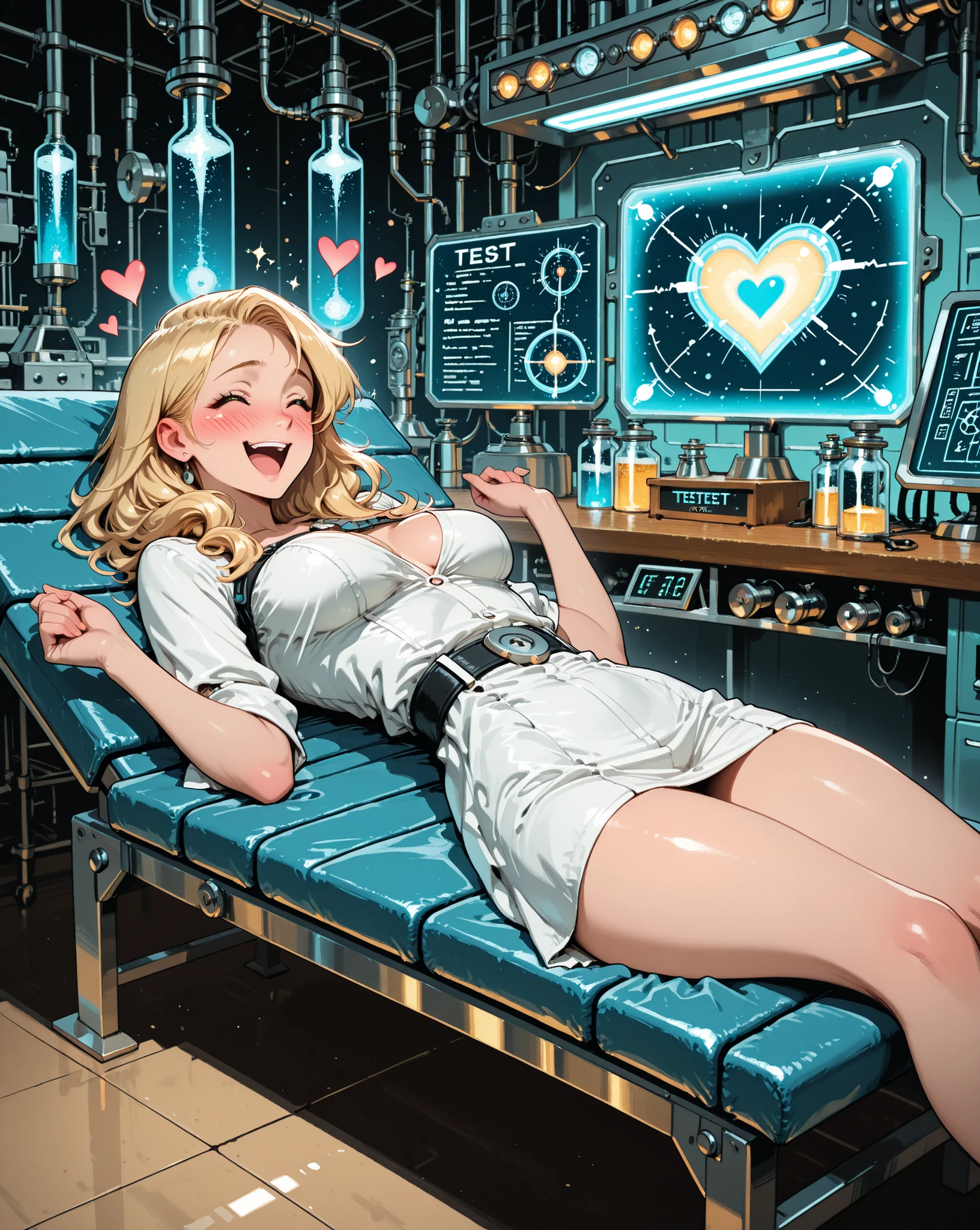 masterpiece, test bench as a science experiment, happy, excited, Beautiful woman tied to a, Secret Laboratory , mad scientist, medium breasts, test bench lying on a. blondes,embarrassing、Heart pounding、blush