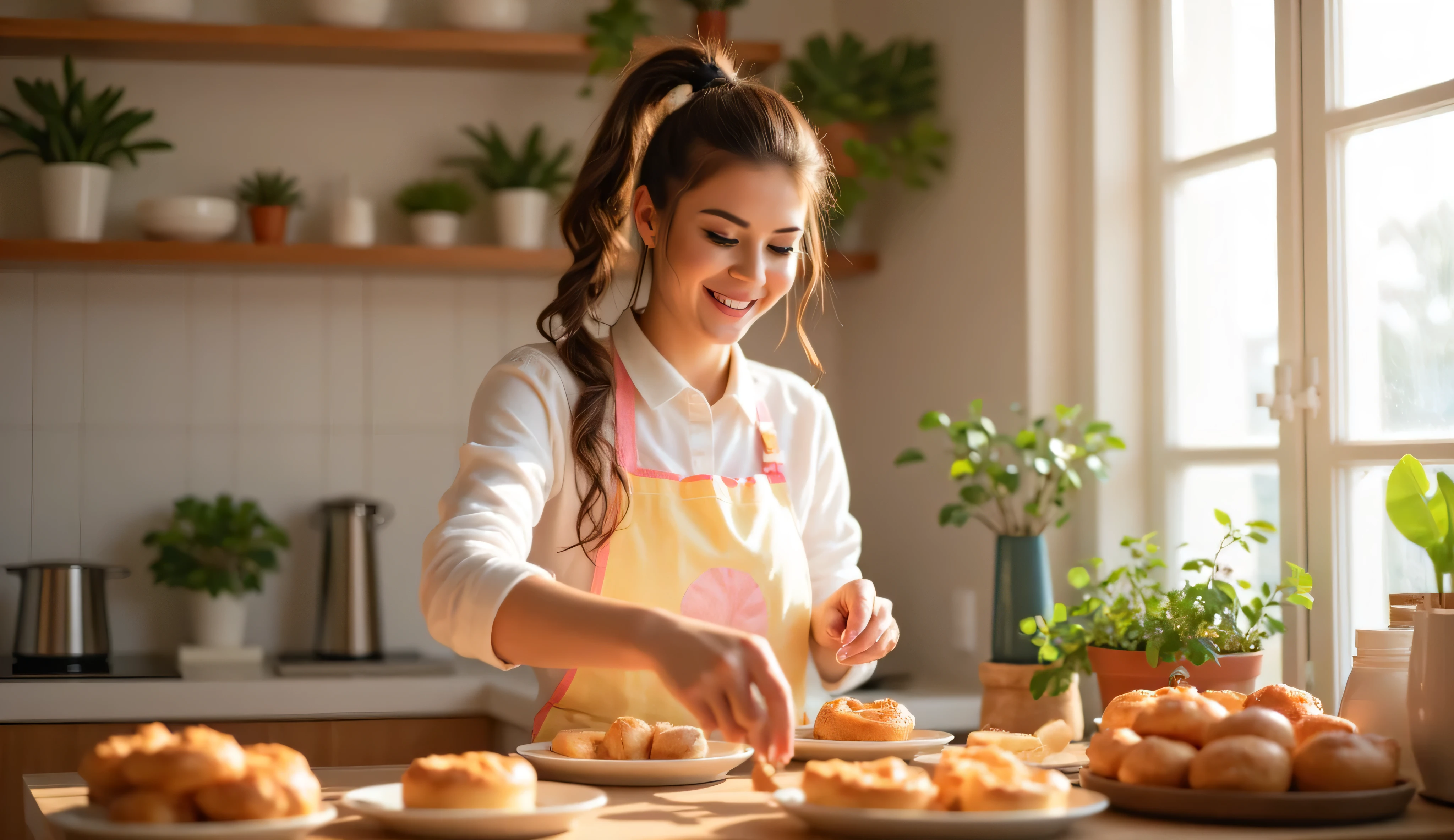 A bright, photo-realistic 16:9 image of a beautiful young woman with long brown hair tied in a high ponytail, wearing a pastel apron, smiling warmly while preparing traditional Spanish pastries in a cozy, sunlit kitchen. She is placing a piece of tarta de Santiago or arranging rosquillas (Spanish-style doughnuts) on a plate. The table features an assortment of Spanish baked goods like ensaimadas and churros. The kitchen has a light, Mediterranean feel with warm wood tones, potted plants, and a cheerful atmosphere. Natural sunlight streams in through a nearby window, illuminating the scene with a soft, inviting glow.