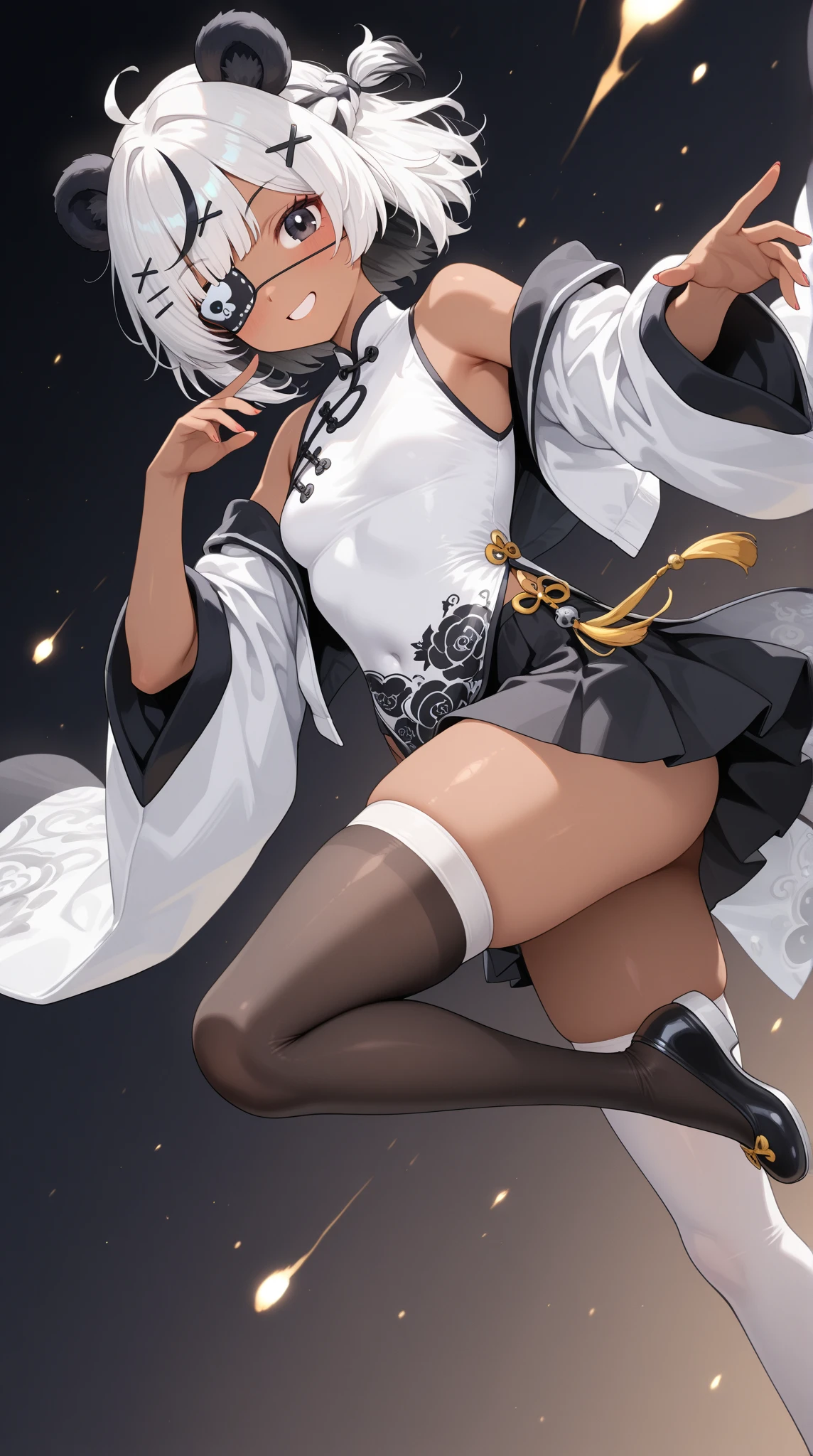 (extremely detailed CG, best quality:1.1), 1girl, perfect face, bright pupils, (finely detailed beautiful eyes:1.1),( half-closed eyes:1.1), shiny skin, lustrous skin, wide hips, narrow waist, double bun, yellow eyes, horns, antlers, hair ornament, japanese clothes, black kimono, pantyhose, black bodystocking, bow, seductive smile, evil smile, from behind, looking back, ass focus, from below, <lora:BlancWhiteRabbitOutfit:0.5>
