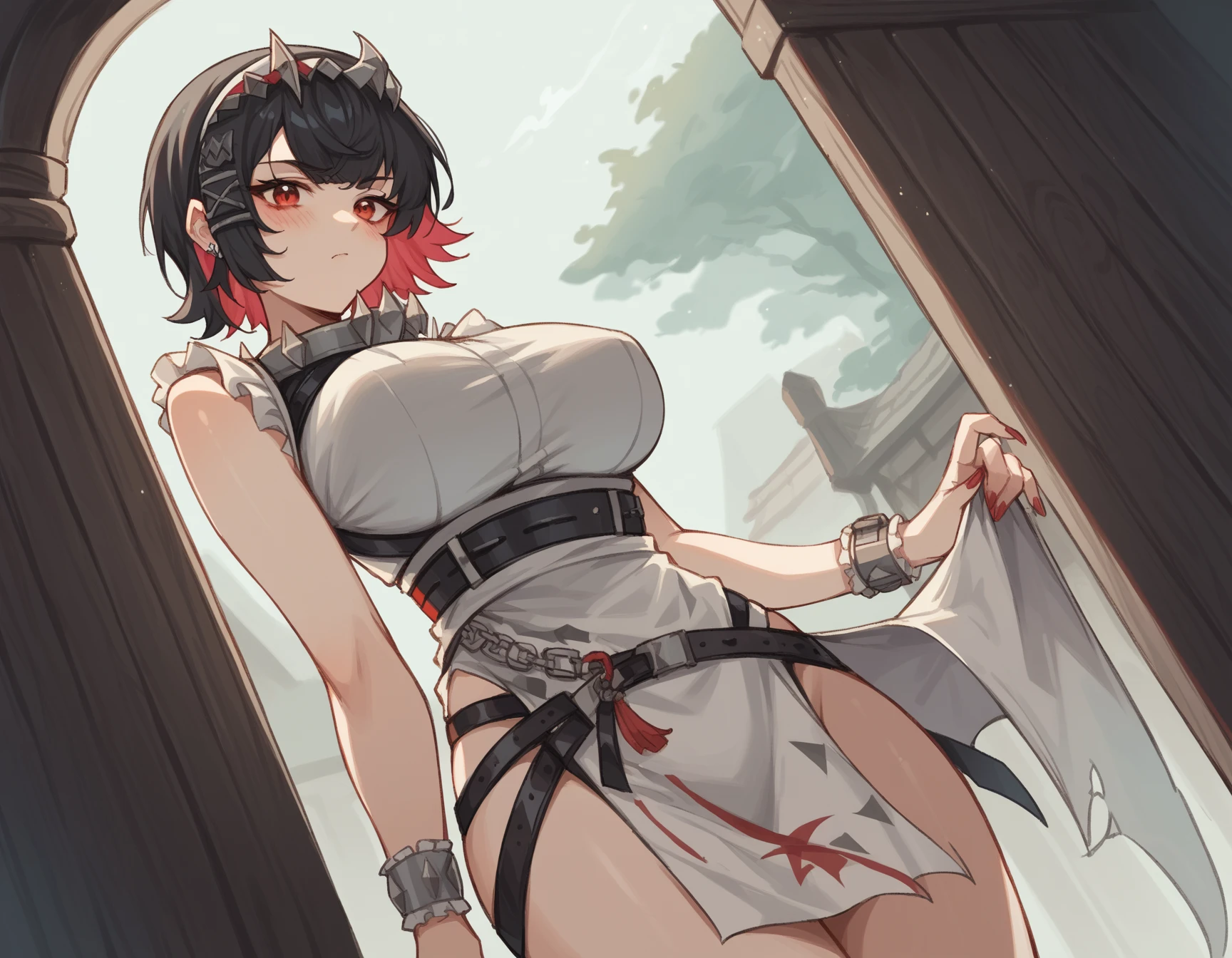 score_9, score_8_superior, score_7_superior, score_6_superior, score_5_superior, score_4_superior, sauce_anime, One person,sit, Black Hair, ponytail, Purple Eyes, bondage, ww chain, Attach, Dungeons, Highest quality, Highest resolution, 4k hdd,Big breasts, beautiful legs, slanted eyes