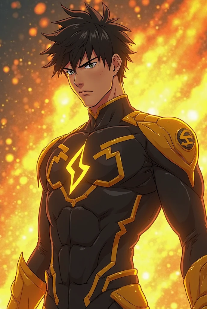 Afro-Latino man With Lightning Bolt Yellow Eyes, brown Afro Hair, 4k Image, Close Up, Abs, Hot, Chill Outfit, Ethereal, Surrounded By Lightning, Yellow Lightning Storm Background