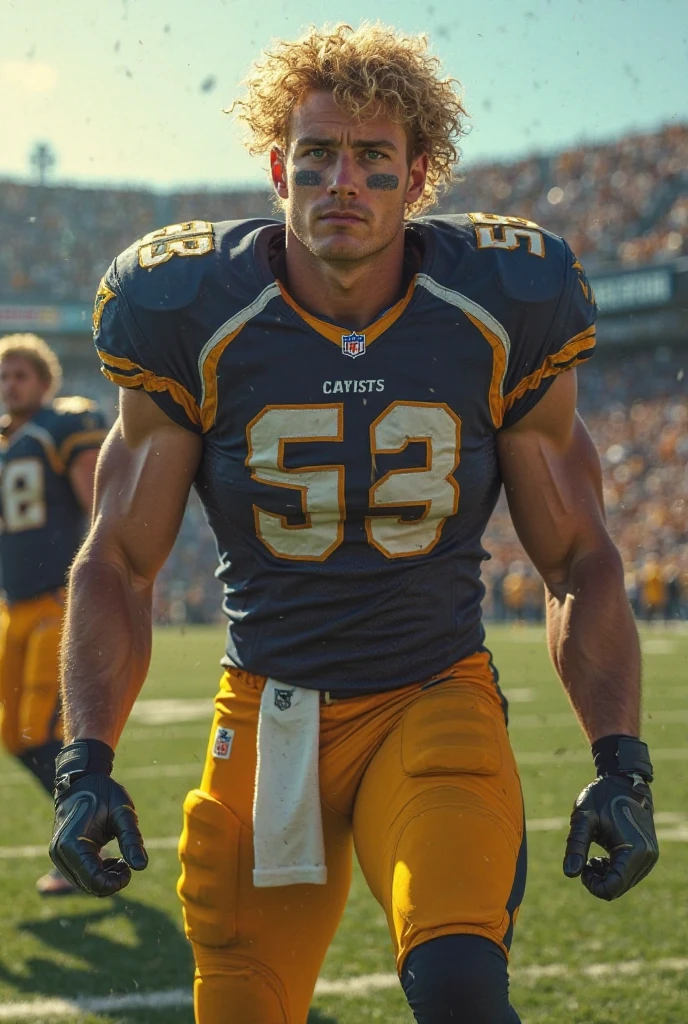 "A white football player with a tattoo on his left arm, yellow hair, wearing a white football kit with the number 9."