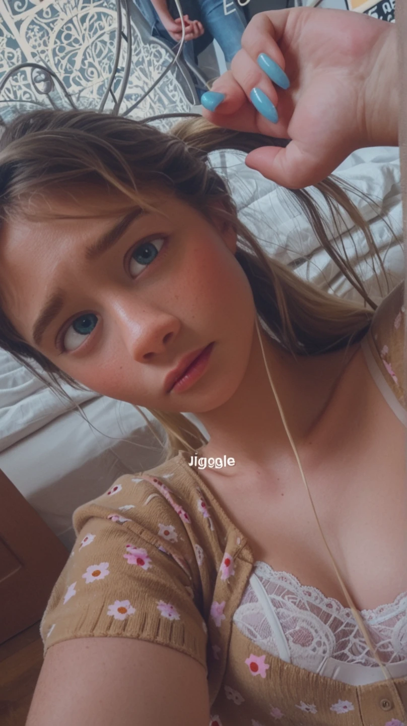 there is a woman with headphones on her head and a mobile phone, with headphones, lofi portrait, with headphones, Lofi Girl, Headphones on, soft portrait shot 8 k, earphones, Portrait of Lofi at the window, Kylie Mandel, Girl in headphones, very very low quality picture, low quality photo, Lofi Girl Aesthetics, wearing headphones