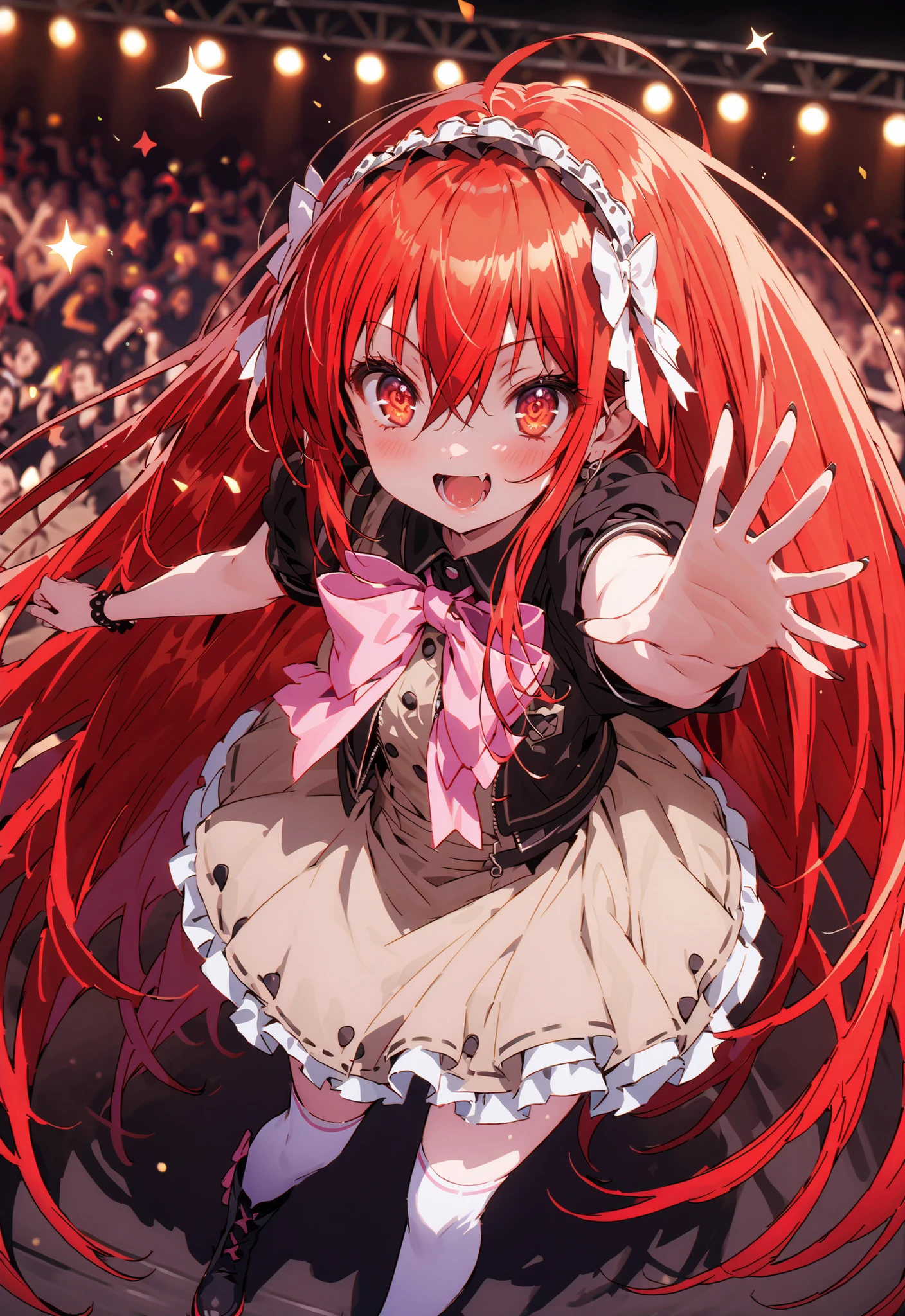 score_9, score_8_up, score_7_up, source_anime,,Shana ,solo, very long hair, red hair, red eyes, stupid hair,small, small ,smile,blush,open your mouth,idol costume,dress,collared dress,jacket,cropped jacket,Short sleeve,bowtie,bow,button,villages with,(white knee-highs:1.2),boots,アイドル歌手がライブ ステージで熱狂的に歌うシーンillustration,the idol singer stands in the center of the stage, idol singers sing with microphones , idol singers are serious and impressive ,The singer's voice is strong and beautiful. , fans gather around the stage , fans sing and dance with idol singers Idol singers who do things ,The Big Picture, Various colored lights ,,break looking at viewer,full body,
breakindoors,Concert Hall,
break (masterpiece:1.2), best quality, high resolution, Unity 8Kの壁紙, ( illustration :0.8), (beautiful detailed eyes:1.6), Highly Detailed Face, perfect lighting, Highly Detailed CG, (perfect hand in h, perfect anatomy),