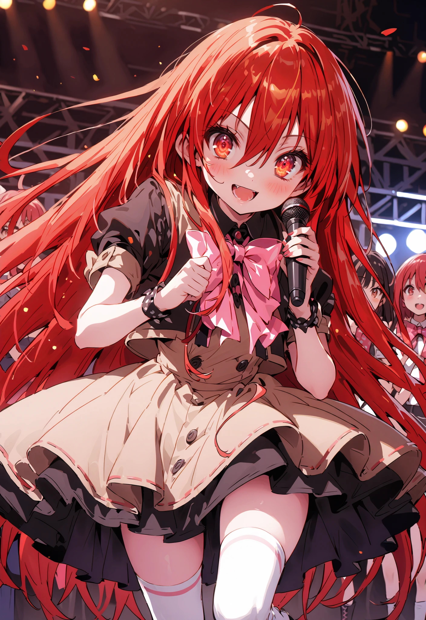 score_9, score_8_up, score_7_up, source_anime,,Shana ,solo, very long hair, red hair, red eyes, stupid hair,small, small ,smile,blush,open your mouth,idol costume,dress,collared dress,jacket,cropped jacket,Short sleeve,bowtie,bow,button,villages with,(white knee-highs:1.2),boots,アイドル歌手がライブ ステージで熱狂的に歌うシーンillustration,the idol singer stands in the center of the stage, idol singers sing with microphones , idol singers are serious and impressive ,The singer's voice is strong and beautiful. , fans gather around the stage , fans sing and dance with idol singers Idol singers who do things ,The Big Picture, Various colored lights ,,break looking at viewer,full body,
breakindoors,Concert Hall,
break (masterpiece:1.2), best quality, high resolution, Unity 8Kの壁紙, ( illustration :0.8), (beautiful detailed eyes:1.6), Highly Detailed Face, perfect lighting, Highly Detailed CG, (perfect hand in h, perfect anatomy),
