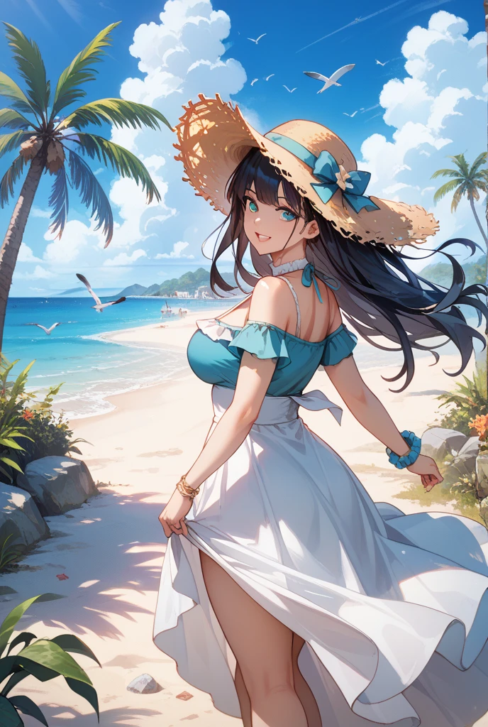 (8K、Raw photography、top-quality、masterpiece:1.2)、Illustration Touch、ultra-detailliert、超A high resolution、(wide-angle lens)、女の子1人、Rear view、silhuette、dark brown hair、White sandy beach、Sunset、White simple dress、a straw fedora hat