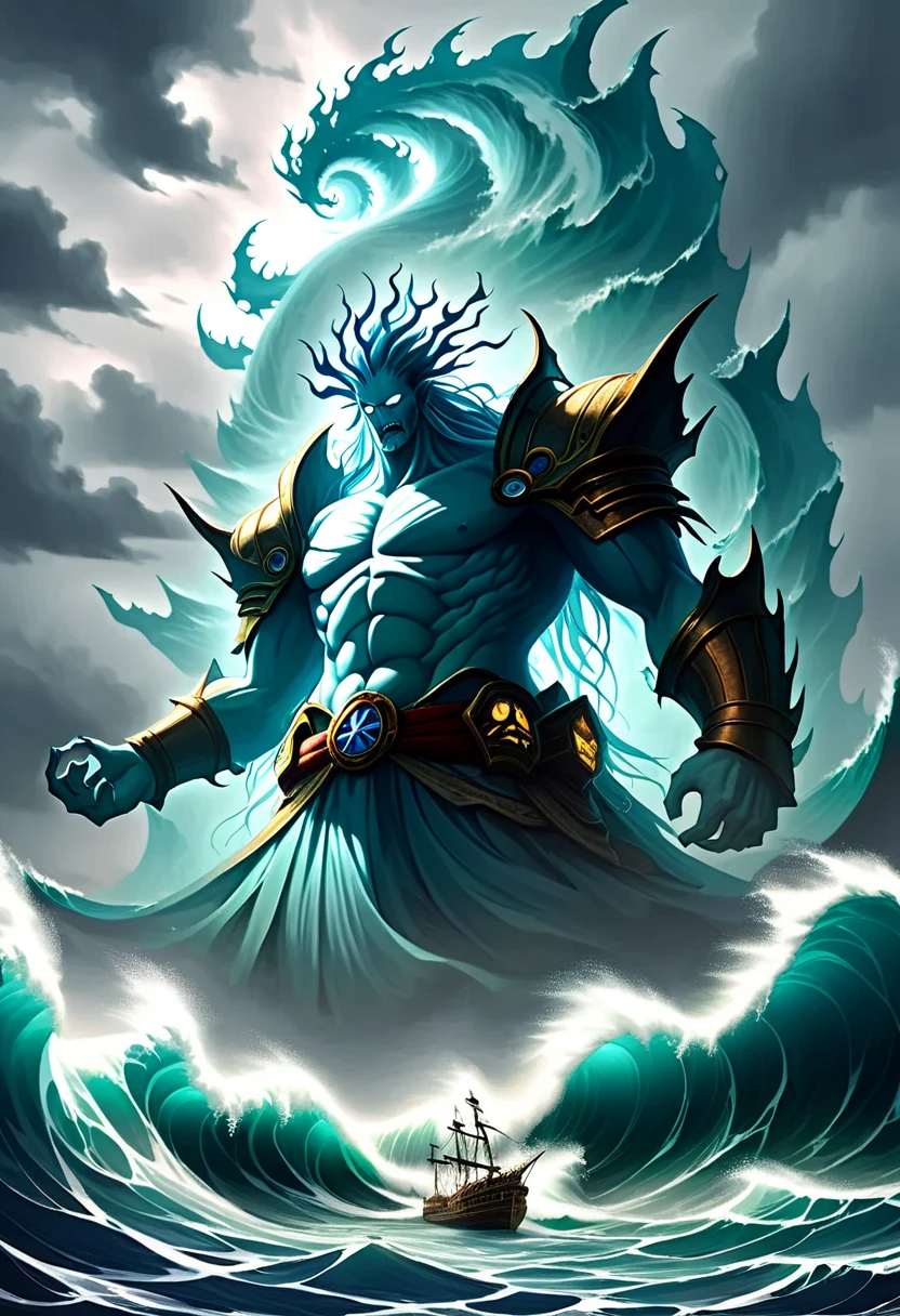 4k realism, (water element, humanoid body made of water: 1.2) sapphire aesthetic, full body, sky background, fantasy art, made of water, body of water, monster, male, male element, masculine, double exposure of otherworldly seascape, fused with the image of Neptune's trident piercing the surface of the water, creating dramatic energy and waves, palatial figures of gods towering in the background, evoking a sense of power and control over the power of the sea, illustrations, digital art