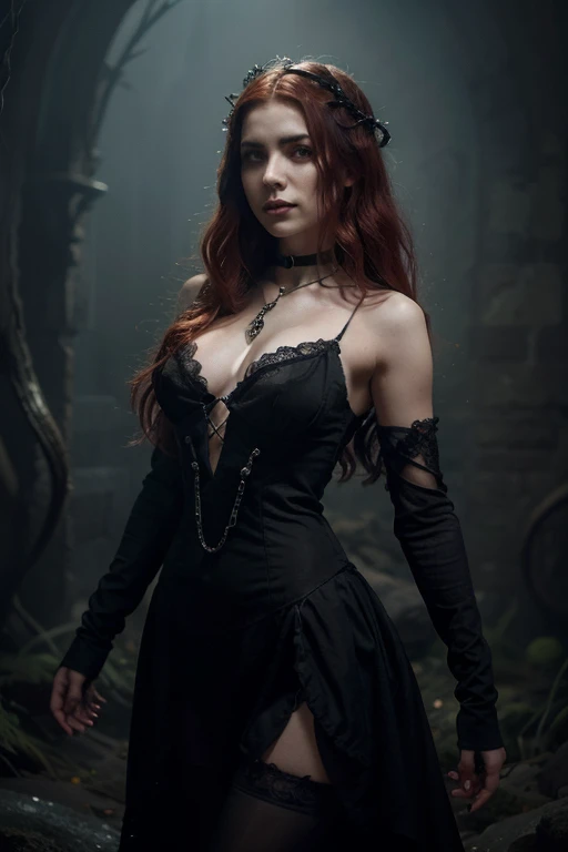 (Masterpiece, Hyperrealistic, 8k, HDR, RAW), ((Natural illumination)), night illumination, moonlight illumination, foggy weather, ((Standing next to a tree)), (((On a clearing at night))), ((Pretty girl)), irish girl, sexy girl, ((Pale skin)), 19 years old, ((Gorgeous redhead)), ((Goth mascara)), ((Dark Witch costume)), ((Braided hair)), ((Slim body with female curves)), ((Light Red hair)), sexy face, big eyes, grin, perfect anatomy