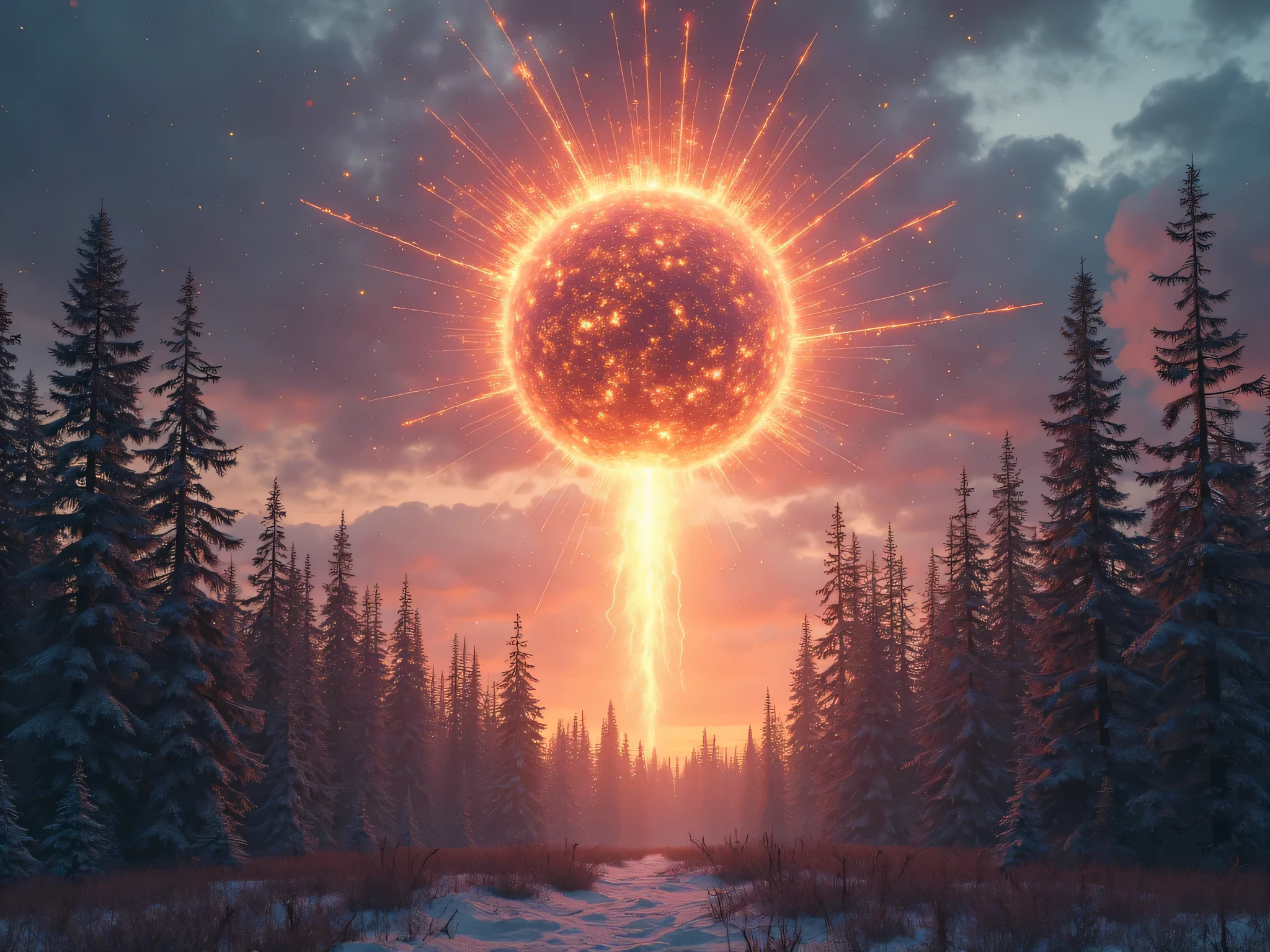 A levitating, alien-looking orb glows with radiant energy above a dense Siberian forest at twilight. It emits beams of light and crackling energy tendrils, moments before bursting in a blinding explosion. The trees below bend outward in response to the shockwave, their silhouettes lit dramatically from below. The sky swirls with clouds, smoke, and hints of cosmic colors—purple, cyan, and fiery orange. The atmosphere is surreal and otherworldly, suggesting something far beyond earthly origin. Style: ultra-realistic sci-fi, high contrast, energy effects, cinematic.