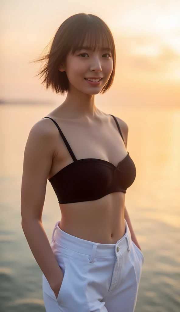 ((8K, RAW Photos, of the highest quality, Masterpieces), high definition RAW color photos professional close-up photos, (Realistic, Photorealism: 1.37), (Highest Quality), (Best Shadows), (Best Illustrations), ((Cute, Beautiful, Ultra High Resolution, High Definition CG Unified 8K Denden Wallpaper, Physically Based Rendering, Movie Lighting), analog style, Elegant, grateful, UHD 8K, Digital SLR, FujifilmXT3, Vibrant, Candid, Dramatic immersive sunset, (Detailed face, Skin Texture), Film grain, Natural light, looking in camera,(Idol),(1 japanese girl),(Photo of a girl in Japan ), (medium breasts), (makeup,lip stick,eye line,mascara,eyeshadows:1.1),glamor,(Perfect face), (Cute face), (Beautiful face), ((black bikini)), (earrings), ((short bob)), A field of flowers, Beautiful detail eyes, Light on the Face, ((Cowboy Shot: 1.2)), especially strong light, (Upper Eyes, Grinning smile:1.2),Shiny skin, ulzzang -6500-v1.1:0.2, Shy, (The Flash:1.2), (arms behind back:1.2), ((Good anatomy: 1.2)), ((An A field of flowers that is bright , the background is blurred: 1.2)),wakame