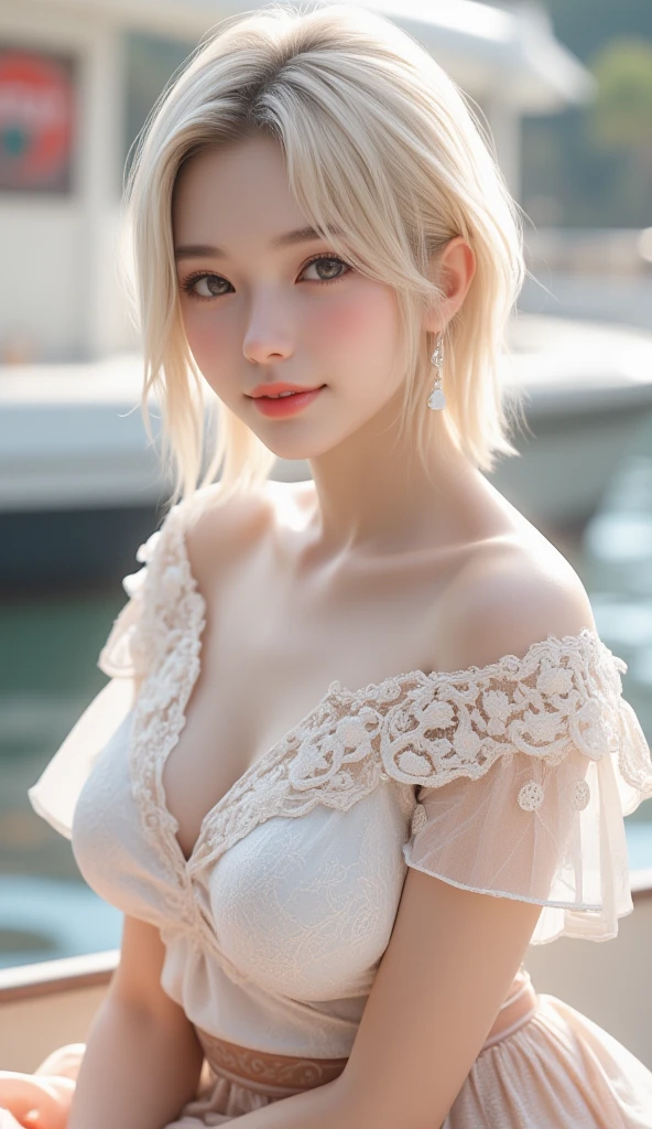 a cute japanese girl, 1girl, detailed charming eyes, detailed beautiful face, short silver hair, incredibly white and beautiful skin, happy smile, laced onepiece, ultra slender, best quality,4k,8k,highres,masterpiece,ultra-detailed,realistic,photorealistic,photo-realistic,intricate details,portrait,anime,vibrant colors,soft lighting