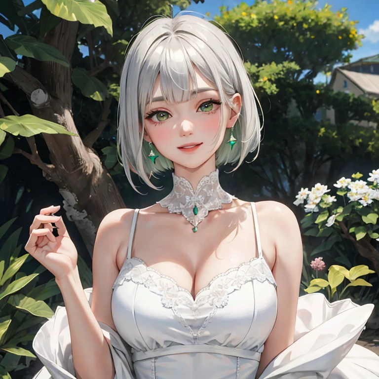 tmasterpiece，Bust Photo，Up-close， best qualtiy， 1girll， Off-the-shoulder clothing，cleavage，Raised sexy，(white color hair)，short detailed hair， standing on your feet， flower  field， behind arms， natta， starrysky， closing eye， A faint smile，Bust Photo，high definition detail，4K，elegant appearance