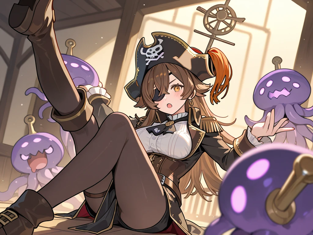 Masterpiece, best quality, expressive eyes, perfect face, 1girl, monster girl, breasts, hair over one eye, gloves, solo, scylla, large breasts, navel, long hair, looking at viewer, tentacles, hat, black gloves, suction cups, purple hair, hair over one eye, simple background, elbow gloves, white background, purple eyes, pale skin, very long hair, smile, bare shoulders, pirate suit, shorts, thigh_belt, bandages, shoulder belt, chest sarashi,