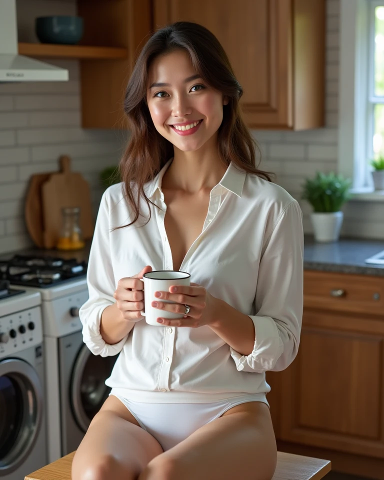 a young woman aged 20 with a mix of Japanese and Spanish heritage, enjoying her morning routine. She is sitting at a cozy table with a cup of tea or coffee, a book, and natural light streaming in from a nearby window. The setting is serene and inviting, suggesting a peaceful and mindful start to the day. The overall vibe should be calm, motivational, and inspiring. best quality, realistic